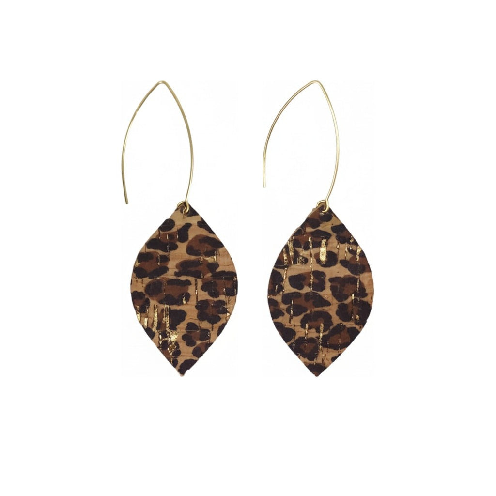 Golden Cheetah Cork Leaf Earrings