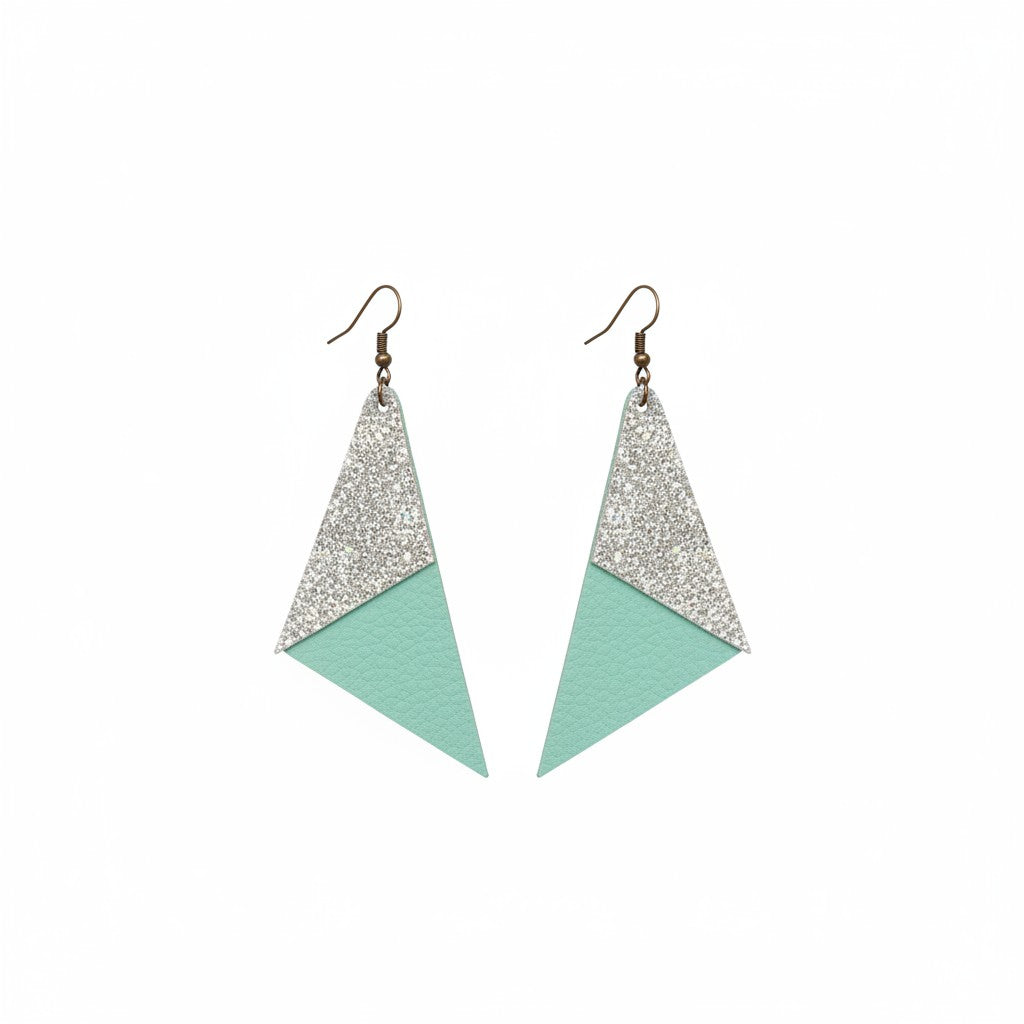 Mint and Metallic Silver Genuine Leather Earrings - E19-520