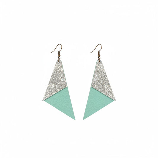 Mint and Metallic Silver Genuine Leather Earrings - E19-520