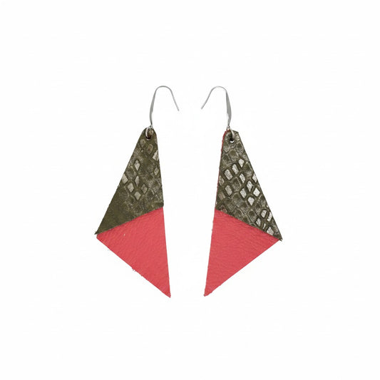 Coral and Khaki Bronze Snake Layered Leather Earrings