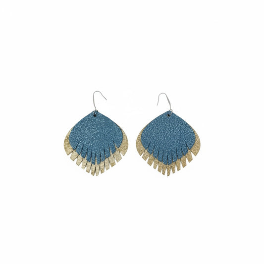 Denim Blue & Platinum Crackle Fringe Leather Earrings