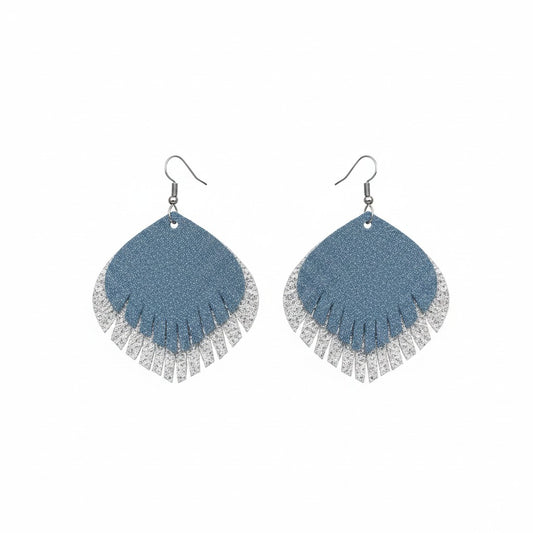 Iceberg Blue & Metallic Silver Fringe Leather Earrings
