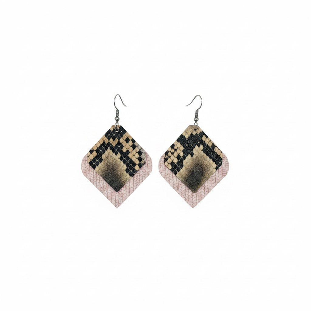 Light Pink and Chocolate Tan Snake Layered Leather Earrings
