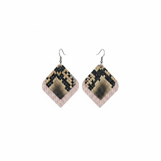 Light Pink and Chocolate Tan Snake Layered Leather Earrings