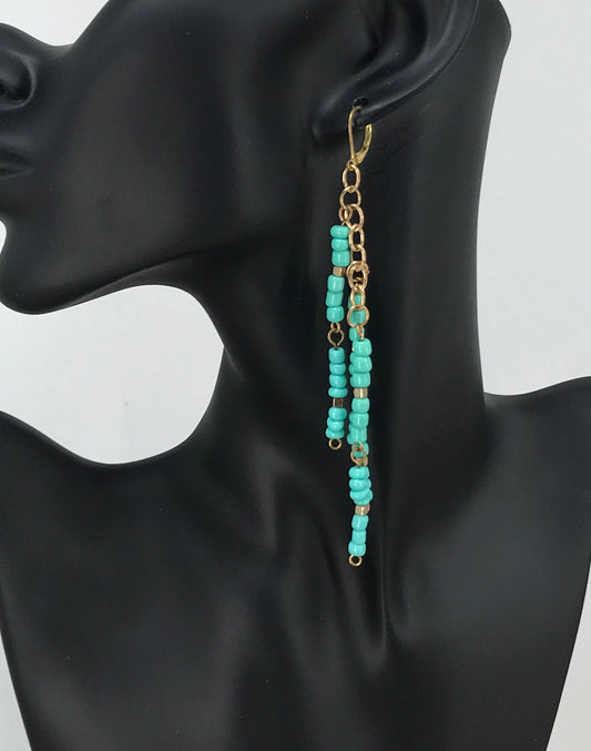 Teal and Gold Bead Tassel Earrings - E19-550