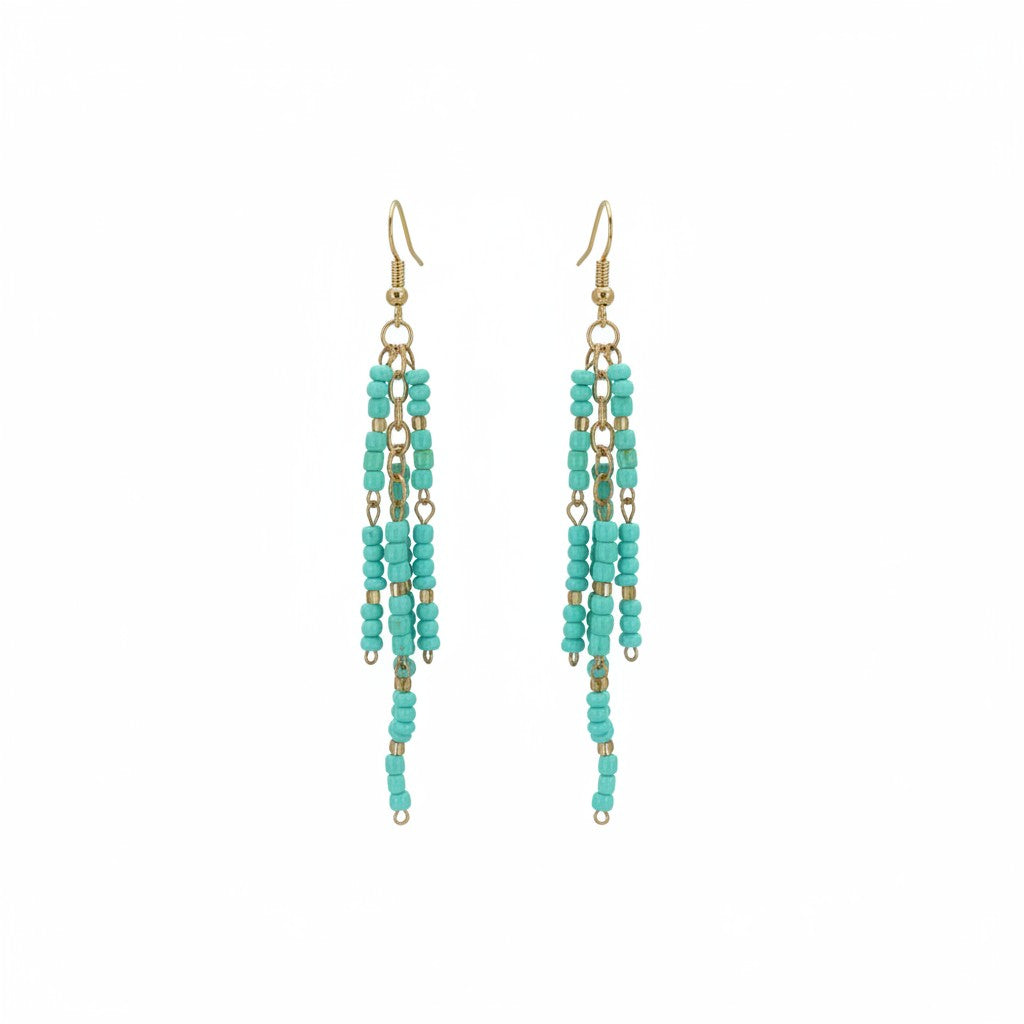 Teal & Gold Beaded Tassel Earrings