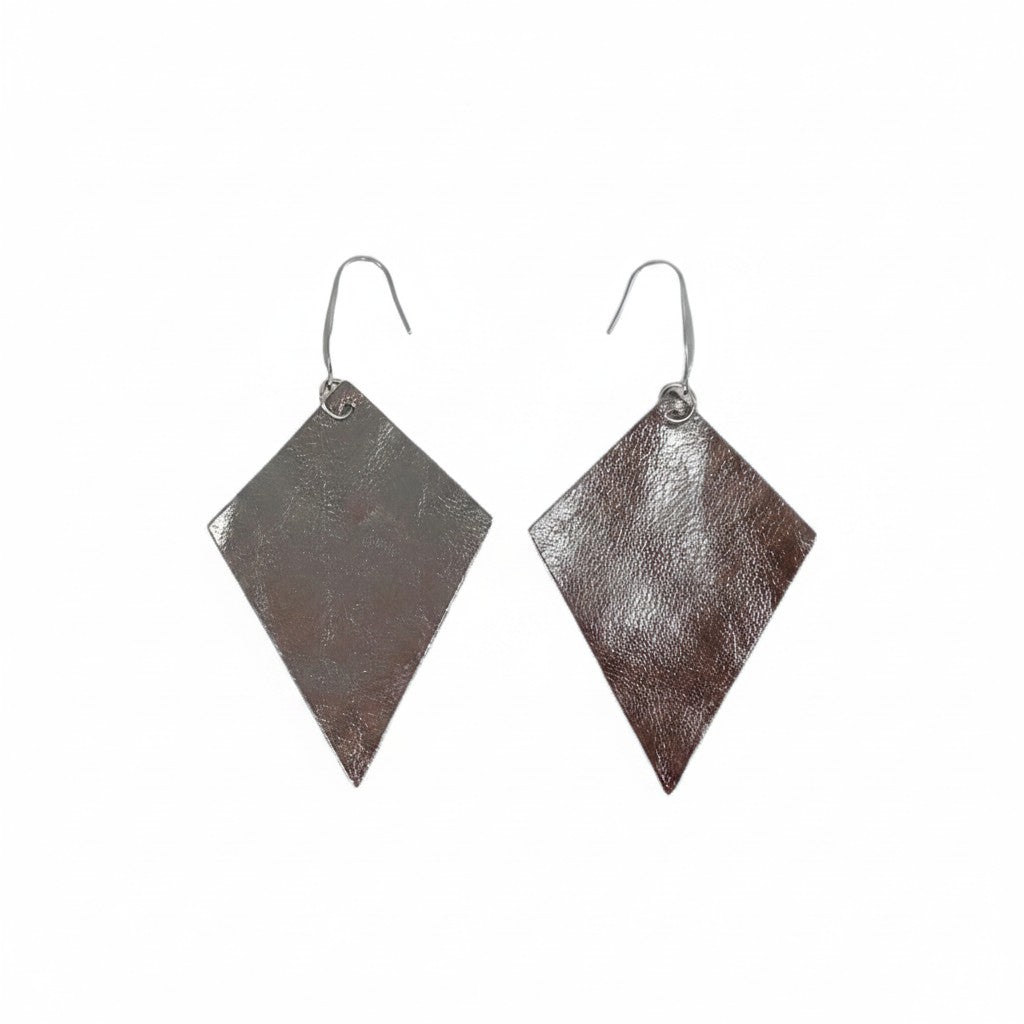Metallic Silver Diamond Leather Earrings