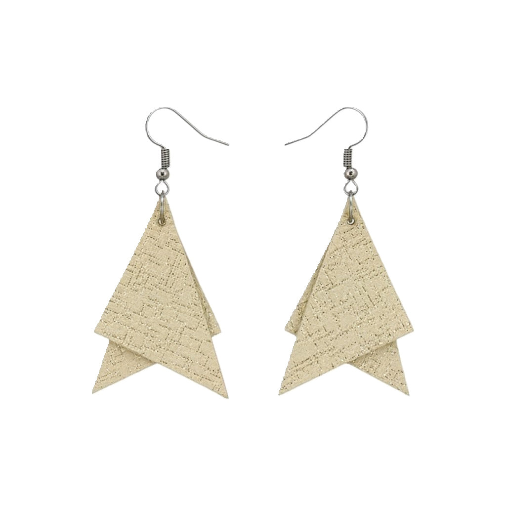 Vanilla Cream Metallic Abstract Layered Triangle Leather Earrings