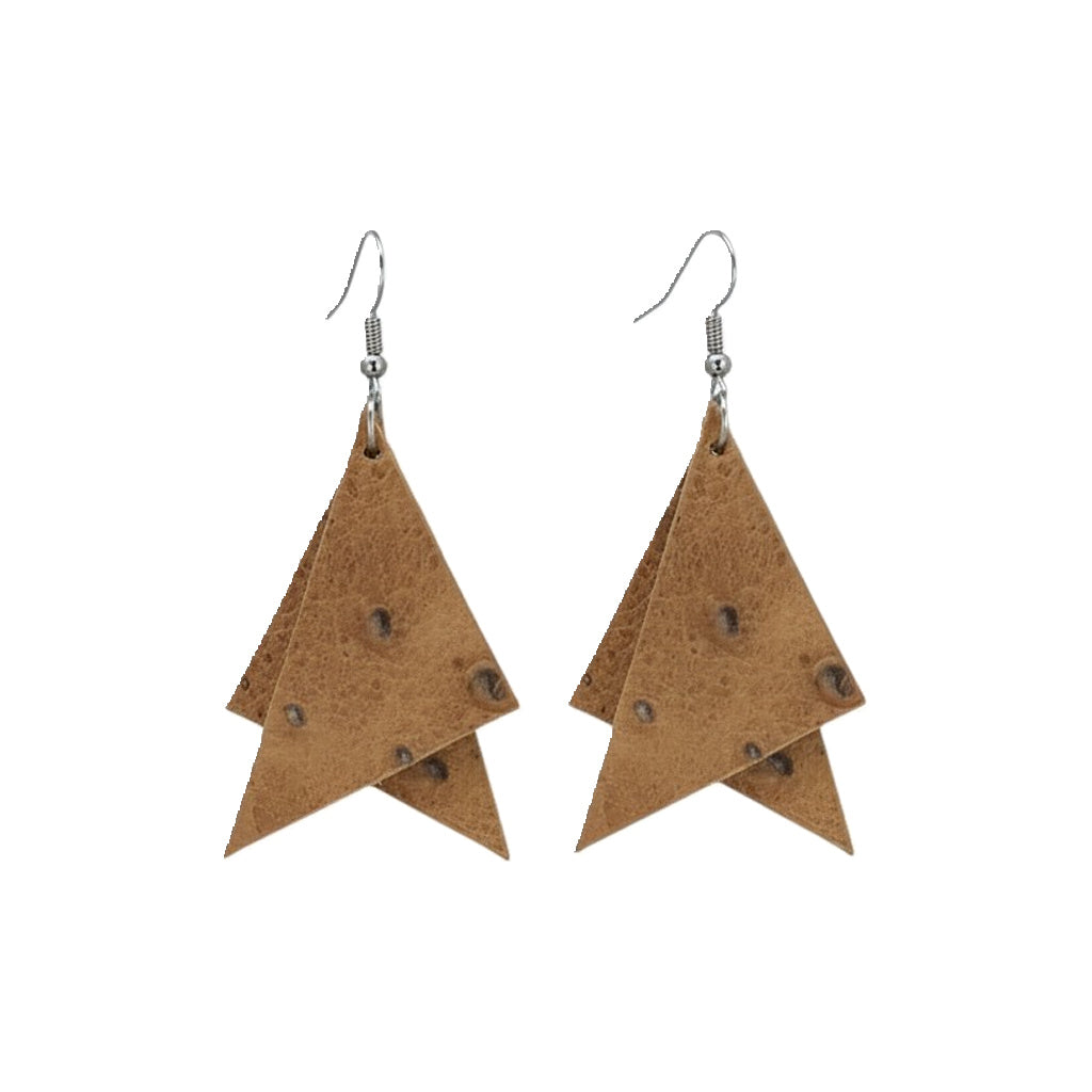 Pecan Rustic Ostrich Layered Triangle Leather Earrings