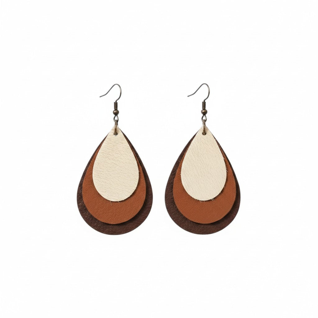 Triple Layer Brown Copper and Cream Teardrop Leather Earrings