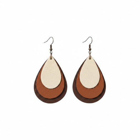 Triple Layer Brown Copper and Cream Teardrop Leather Earrings