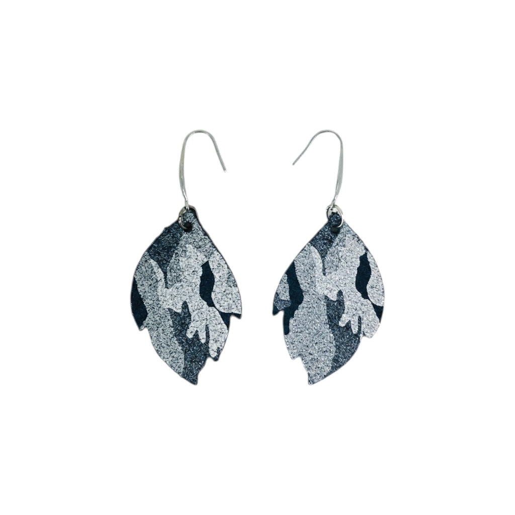 Navy Metallic Camo Cut Leaf Leather Earrings