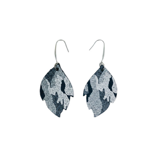 Navy Metallic Camo Cut Leaf Leather Earrings