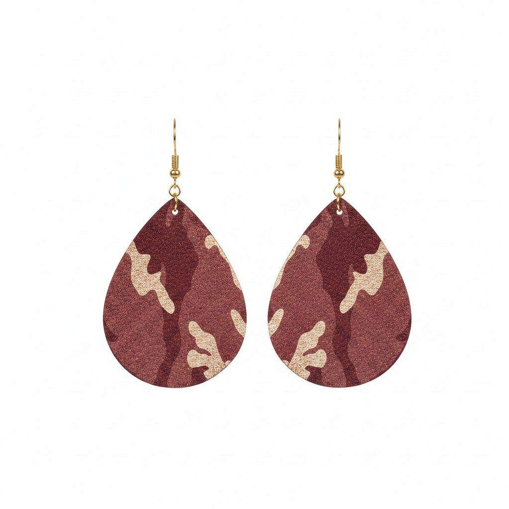 Burgundy Metallic Camo Teardrop Leather Earrings