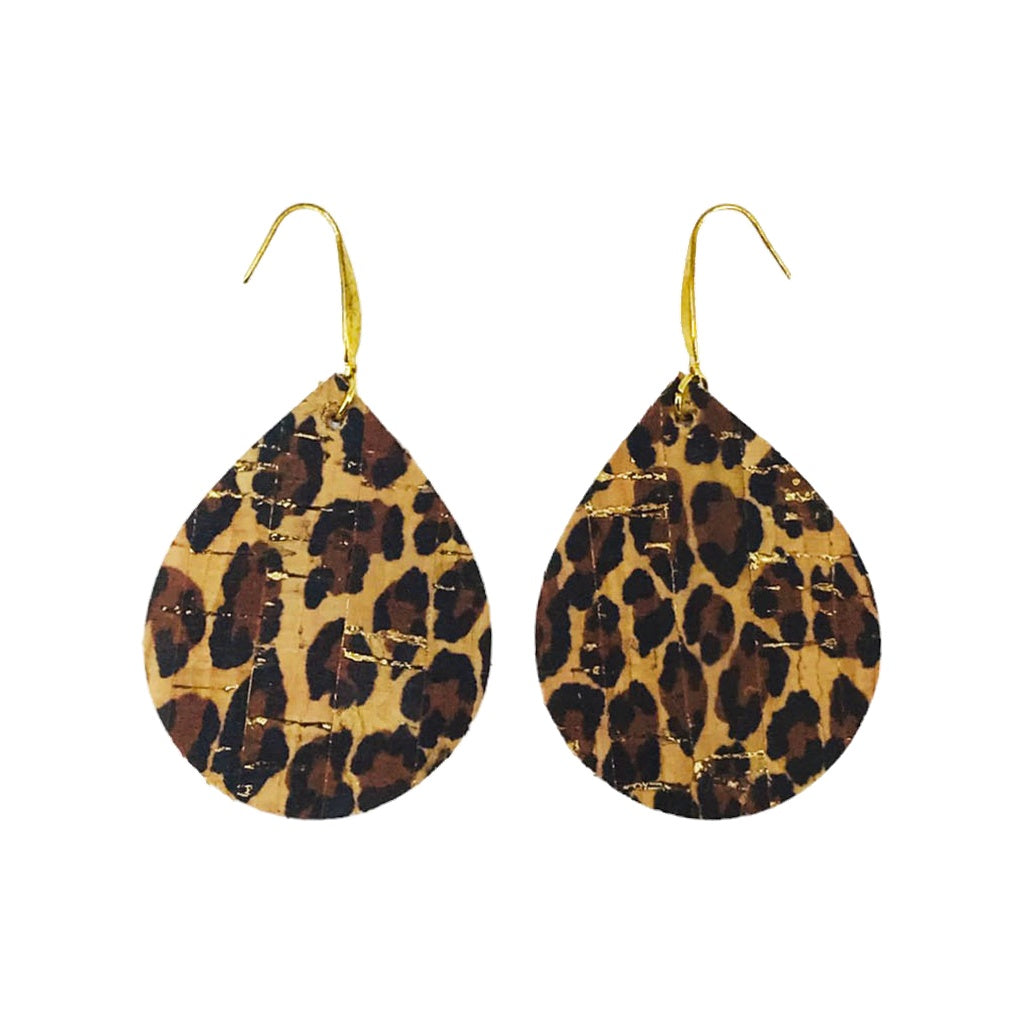 Golden Cheetah Teardrop Cork Earrings