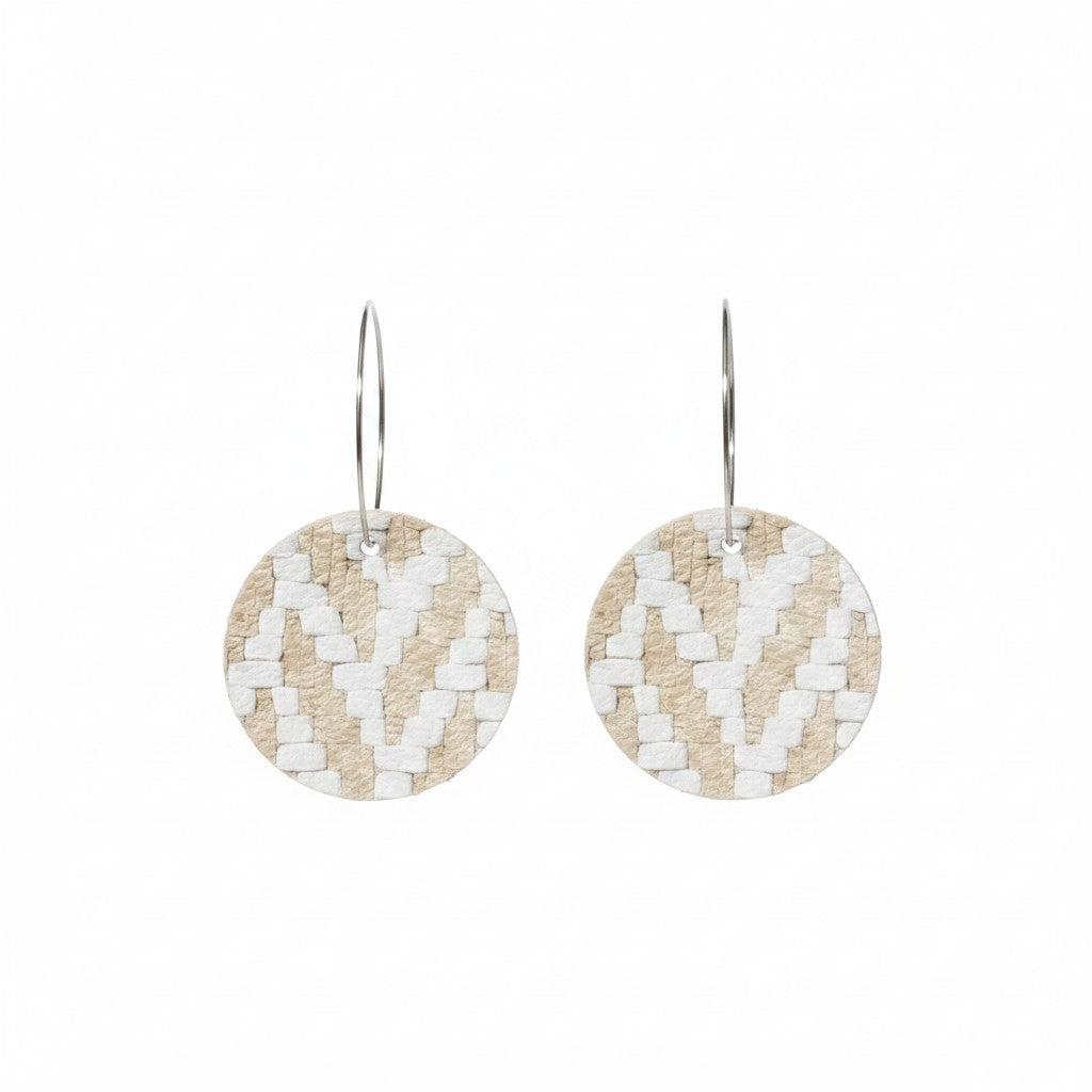 Light Gold and White Chevron Hoop Leather Earrings