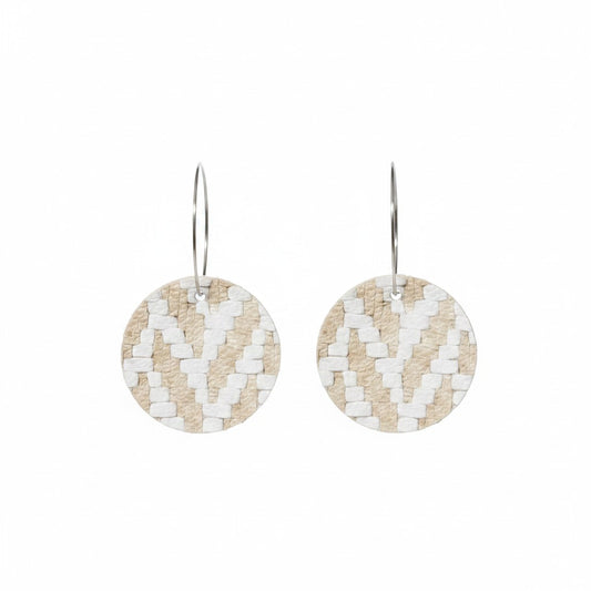 Light Gold and White Chevron Hoop Leather Earrings