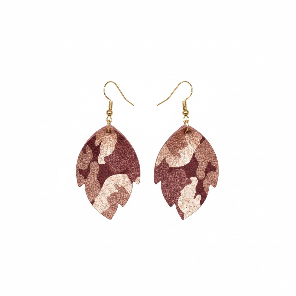Burgundy Metallic Camo Cut Leaf Leather Earrings