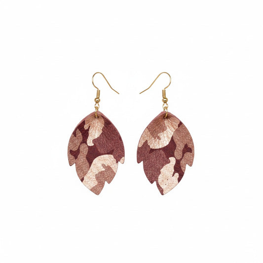 Burgundy Metallic Camo Cut Leaf Leather Earrings