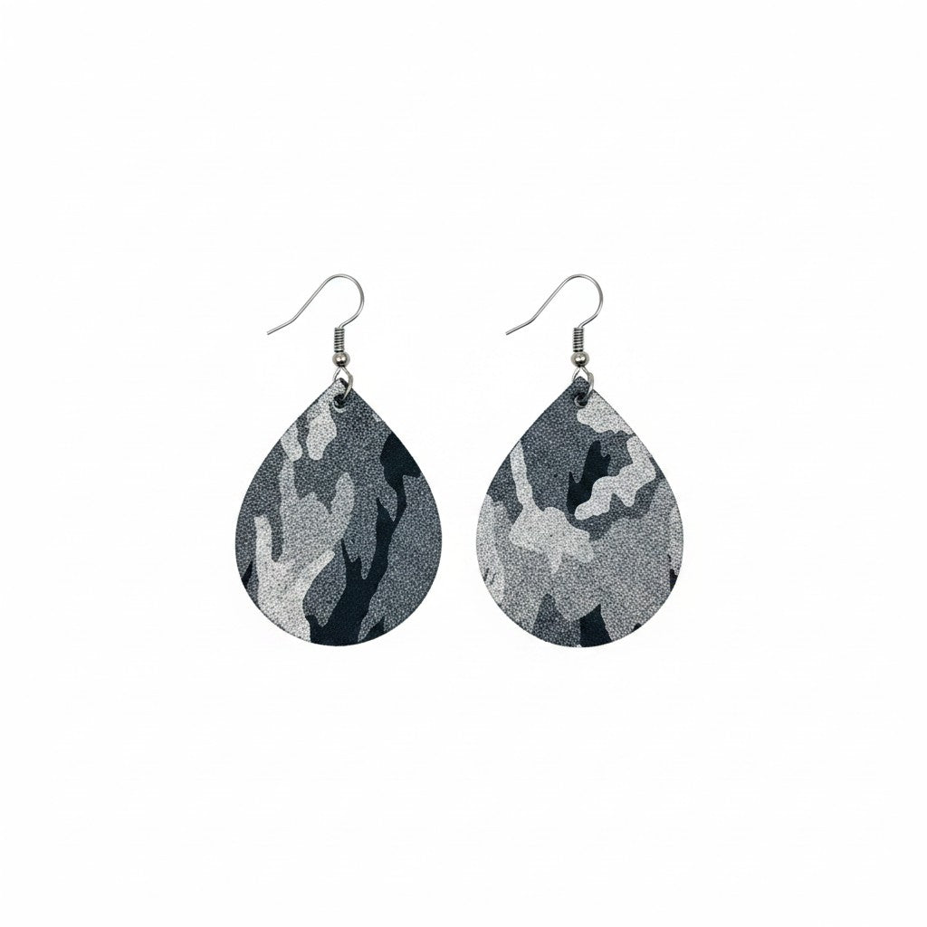 Navy Metallic Camo Teardrop Leather Earrings