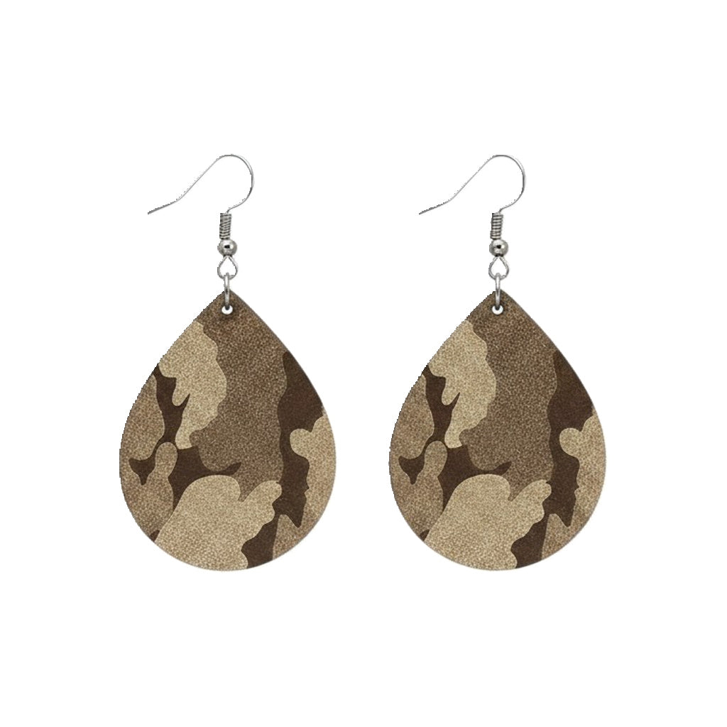 Chocolate Metallic Camo Teardrop Leather Earrings