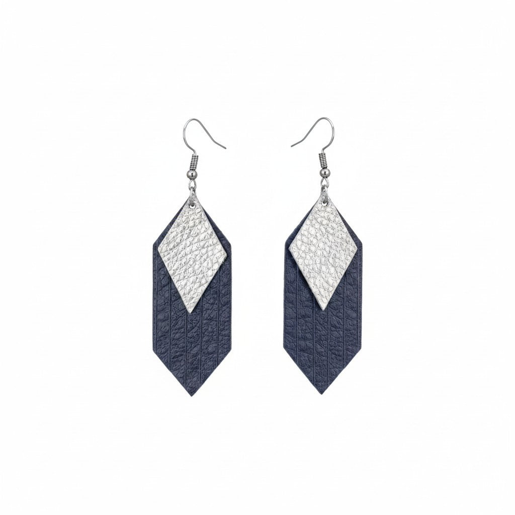 Blue and Silver Layered Fringe Leather Earrings