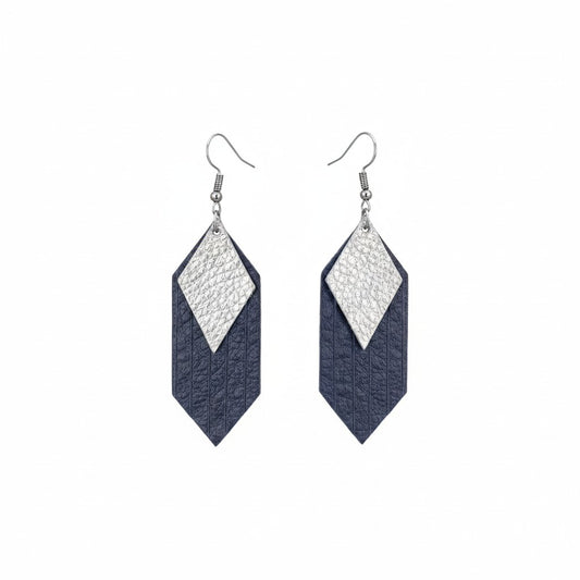 Blue and Silver Layered Fringe Leather Earrings