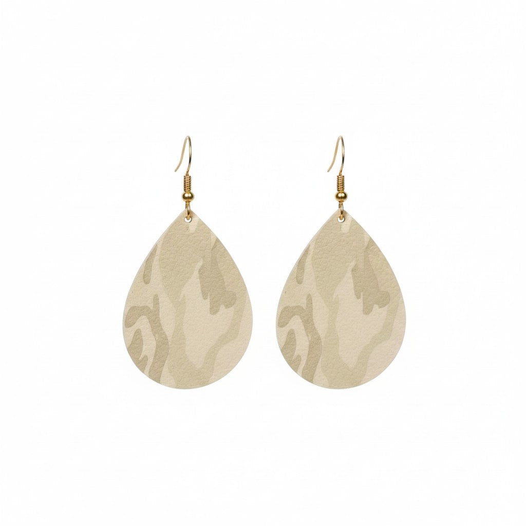 Beige Metallic Camo Teardrop Leather Earrings