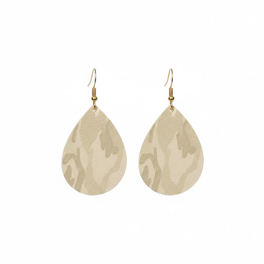 Beige Metallic Camo Teardrop Leather Earrings