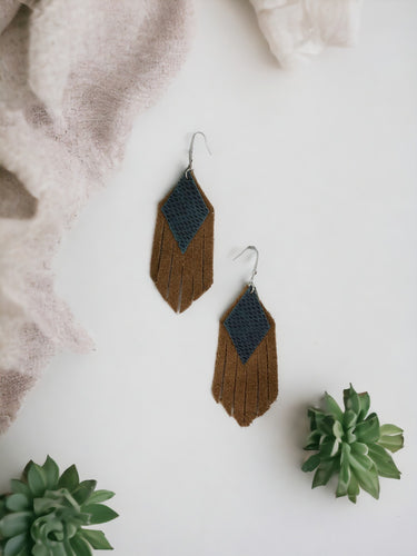 Brown Suede and Teal Snake Leather Earrings - E19-713