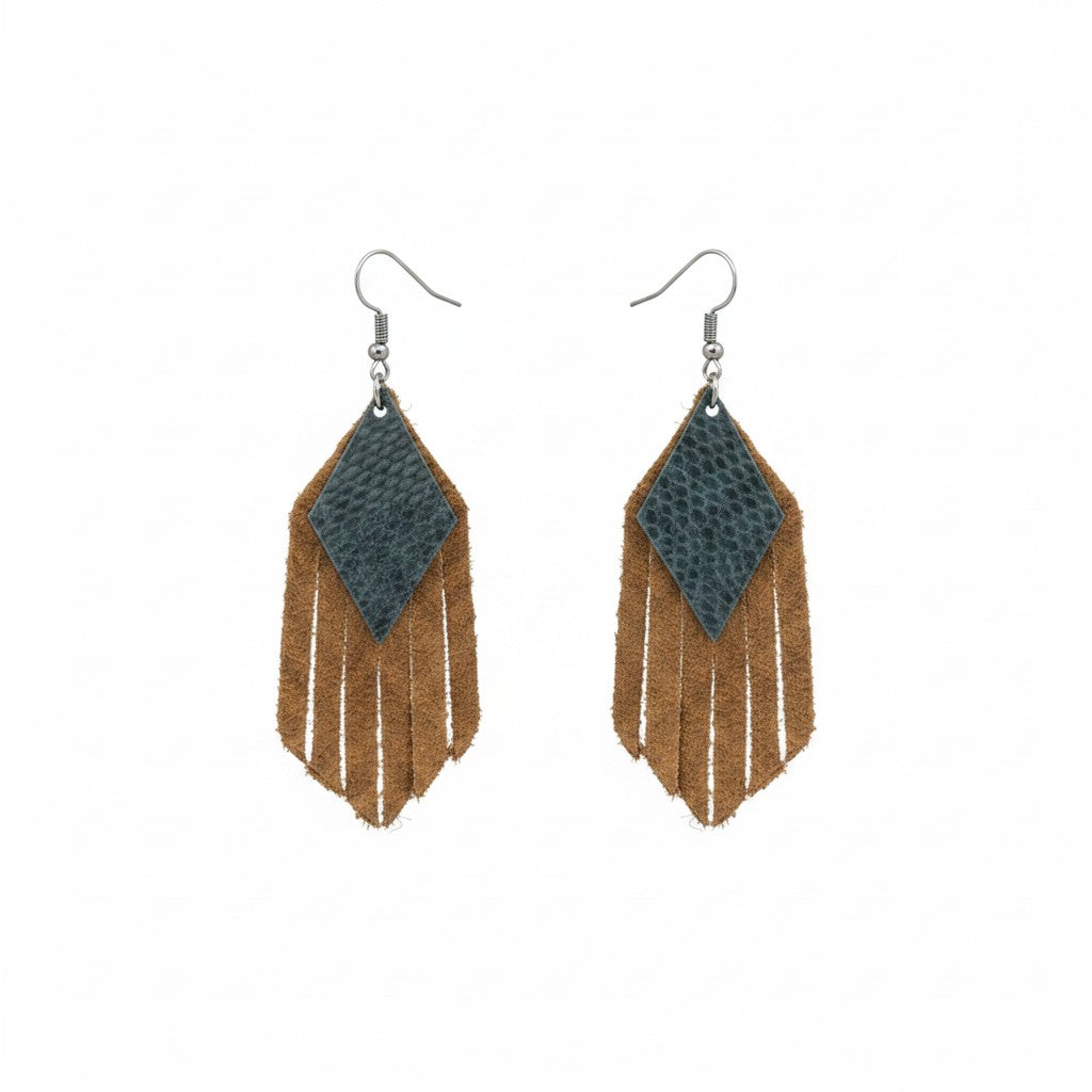 Brown Suede and Teal Snake Leather Earrings