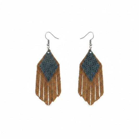 Brown Suede and Teal Snake Leather Earrings