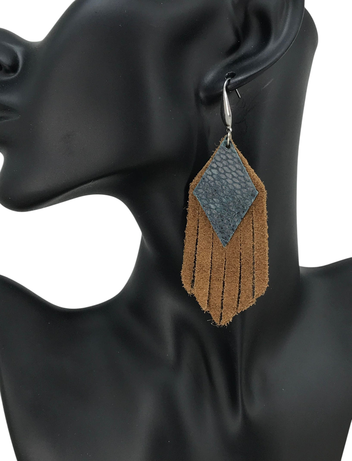 Brown Suede and Teal Snake Leather Earrings