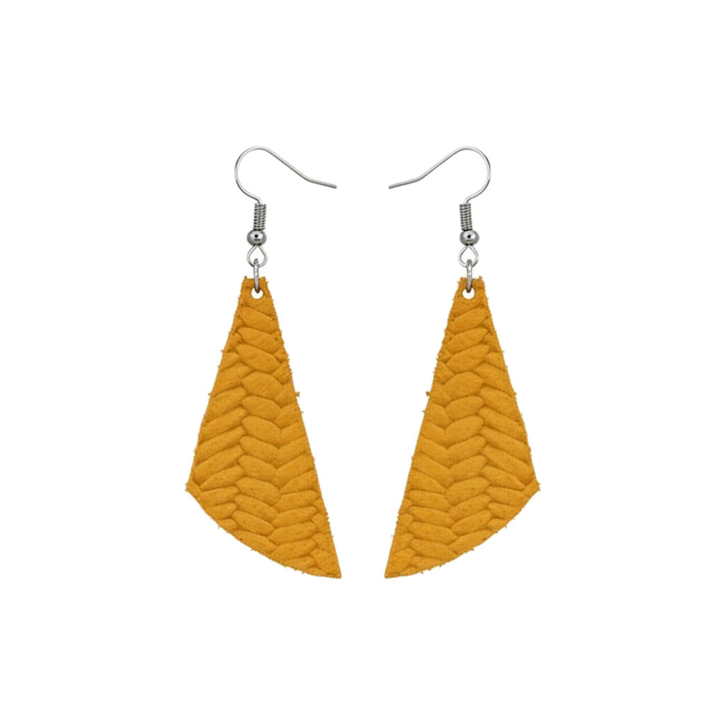 Mustard Braided Angled Leaf Leather Earrings