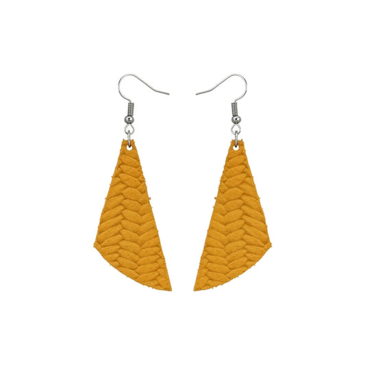 Mustard Braided Angled Leaf Leather Earrings