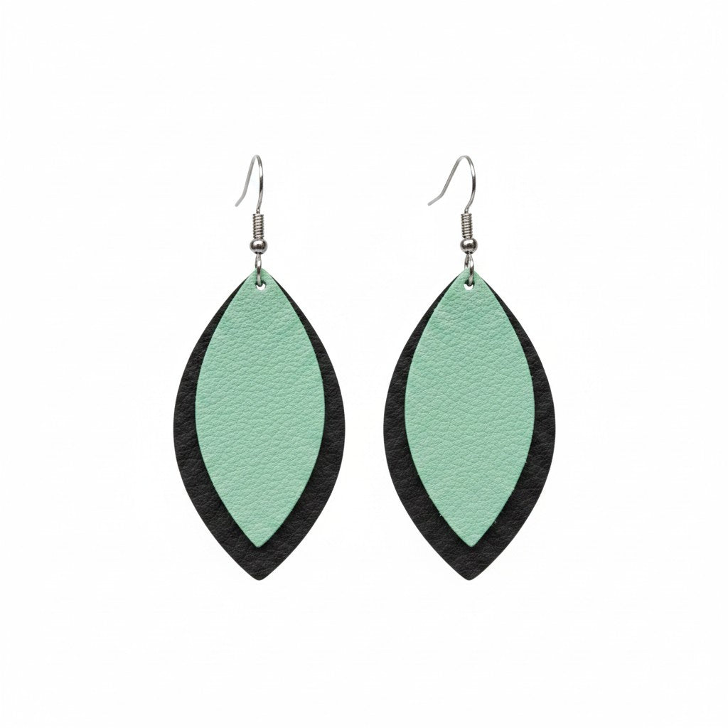 Brown and Irish Mint Layered Leaf Leather Earrings