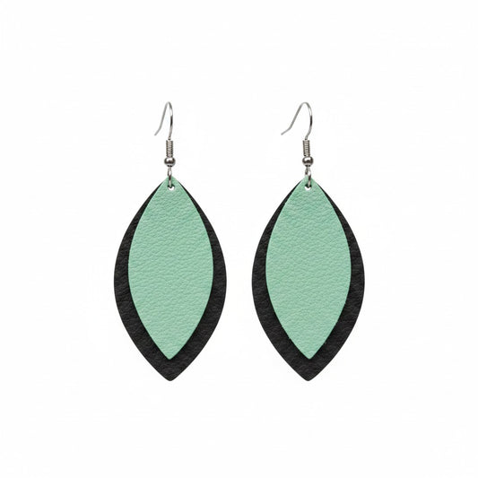 Brown and Irish Mint Layered Leaf Leather Earrings