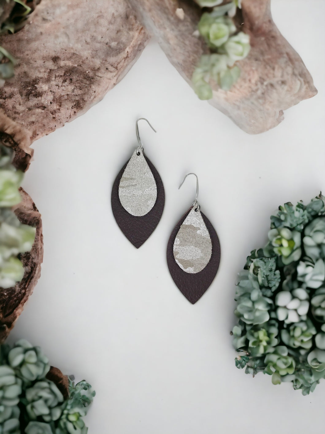 Brown and Gray Genuine Leather Earrings - E19-727