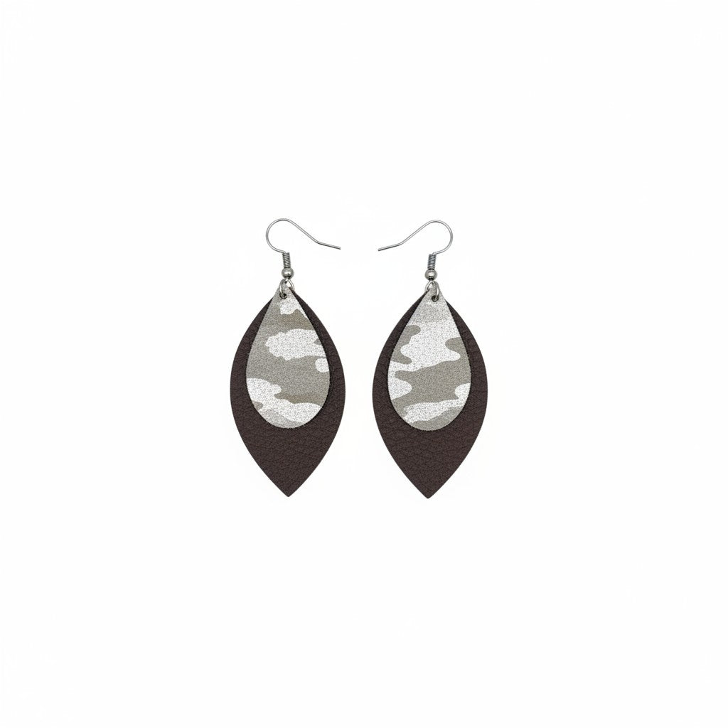 Milk Chocolate & Silver Camo Layered Leather Earrings