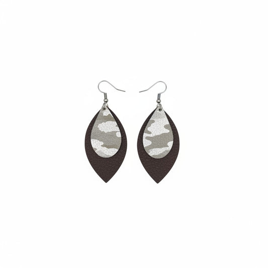 Milk Chocolate & Silver Camo Layered Leather Earrings