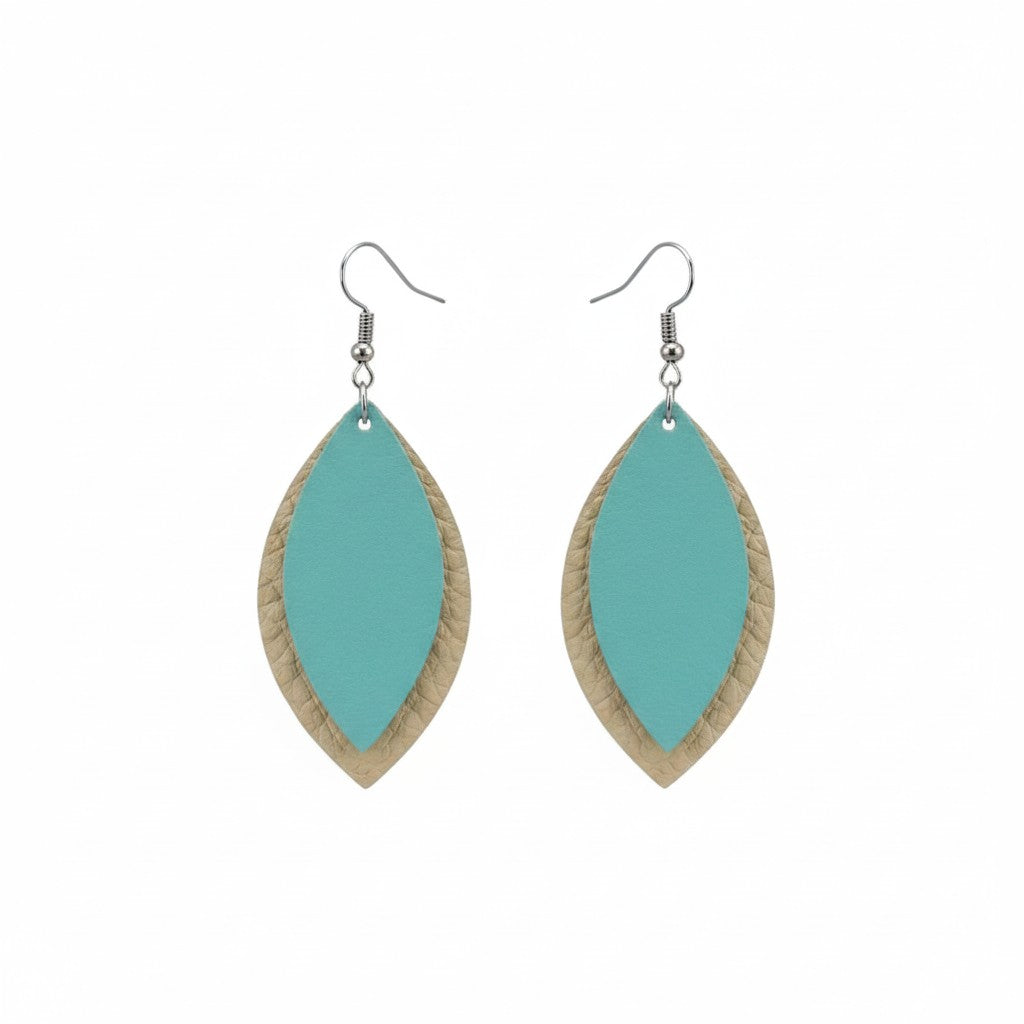 Teal and Desert Sand Layered Leaf Leather Earrings