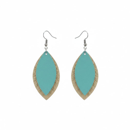 Teal and Desert Sand Layered Leaf Leather Earrings