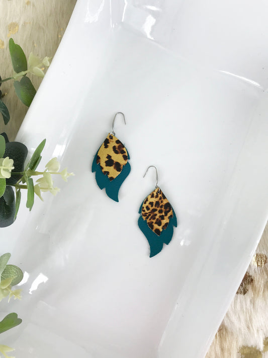 Dark Turquoise and Gold Metallic Banana Leopard Leather Earrings - E19-731
