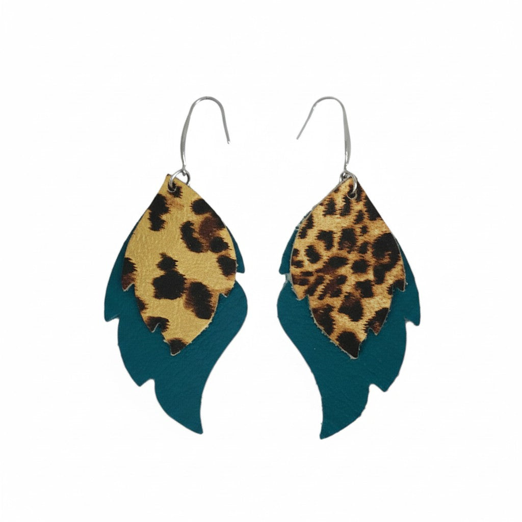 Turquoise Leopard Layered Leaf Earrings