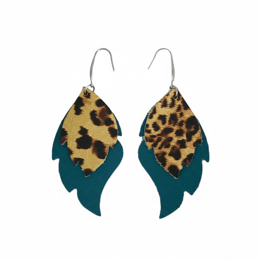 Turquoise Leopard Layered Leaf Earrings