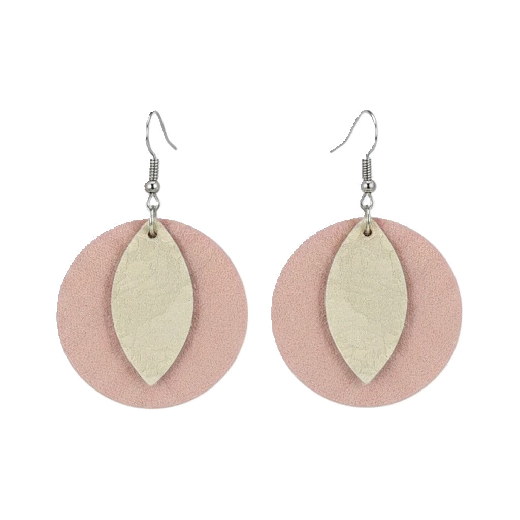 Pink Blush and Beige Metallic Layered Circle Leather Earrings
