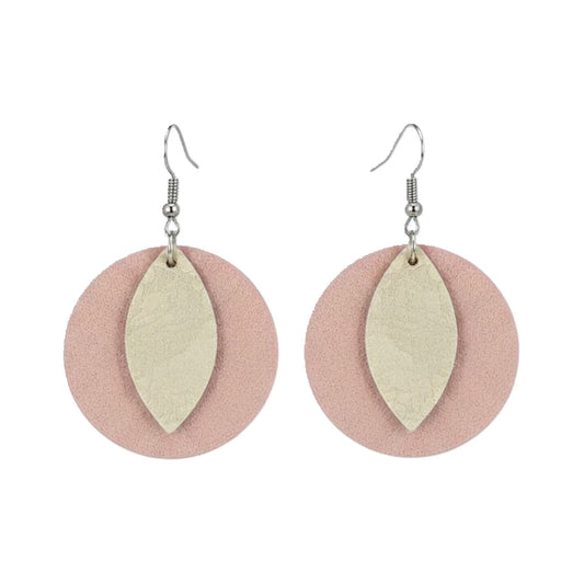 Pink Blush and Beige Metallic Layered Circle Leather Earrings