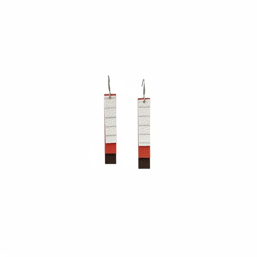 Brown, Coral & Ivory Layered Bar Leather Earrings