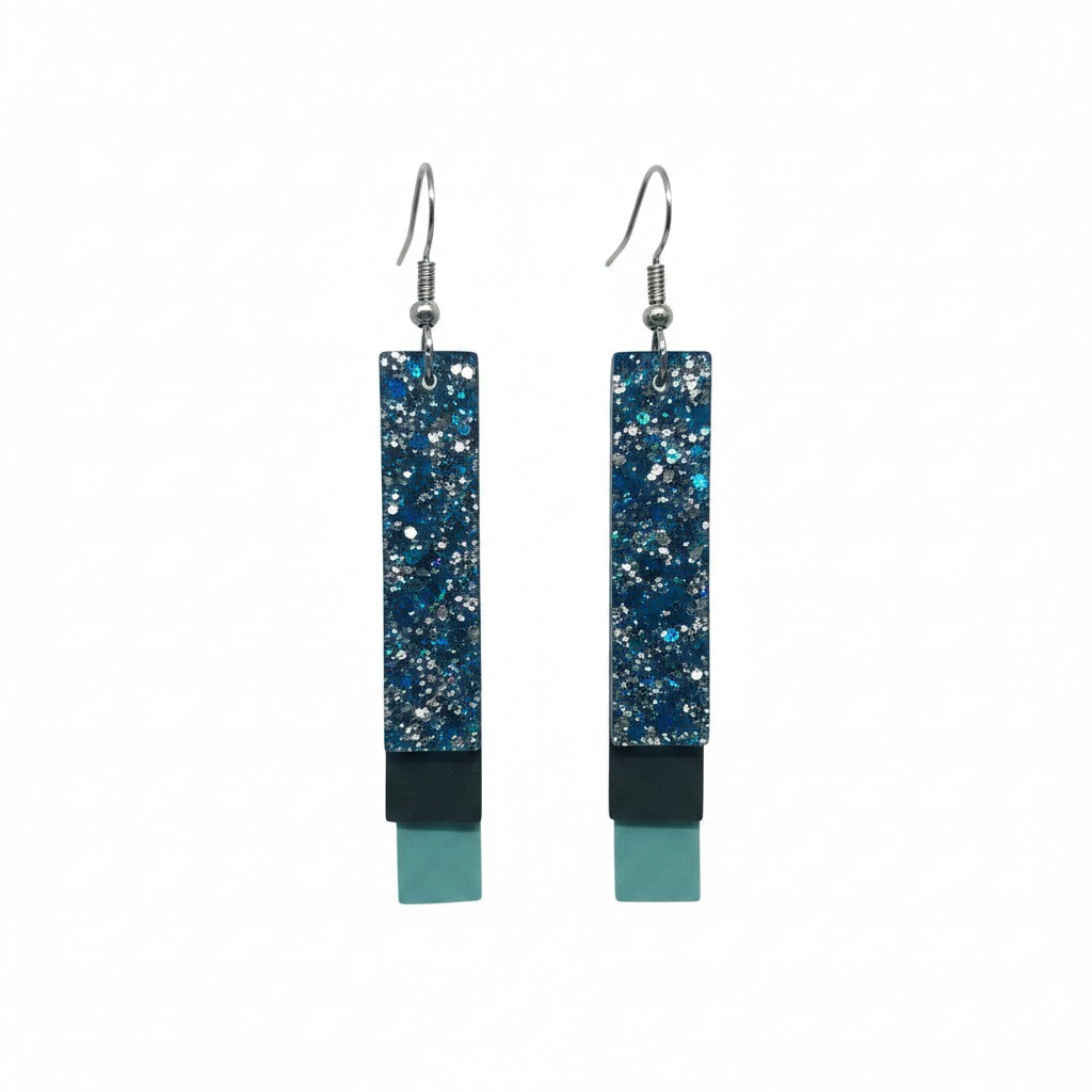 Brown, Teal and Blue Chunky Glitter Layered Earrings with Stainless Steel Findings and Ear Wires.  Drop:&nbsp; 3.0"  Width:&nbsp; 0.5"