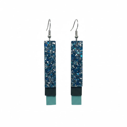 Brown, Teal and Blue Chunky Glitter Layered Earrings with Stainless Steel Findings and Ear Wires.  Drop:&nbsp; 3.0"  Width:&nbsp; 0.5"